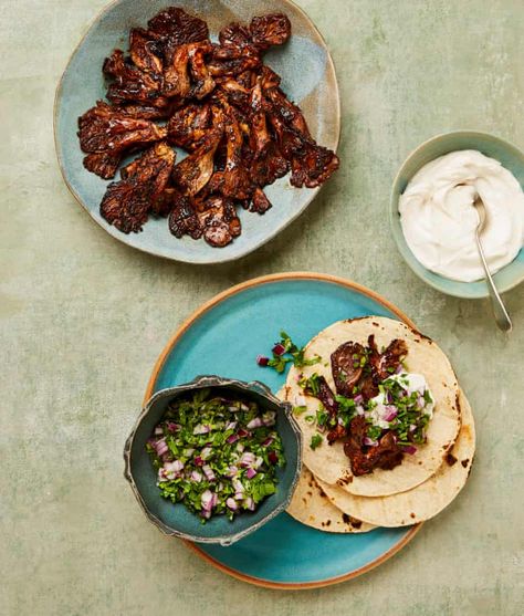 Meera Sodha’s vegan recipe for oyster mushroom tacos | Vegan food and drink | The Guardian Oyster Mushroom Tacos, Vegan Crema, Meera Sodha, Oyster Mushroom Recipe, Meat Entrees, Tacos Vegan, Mushroom Tacos, Savoury Snacks, Oyster Mushroom