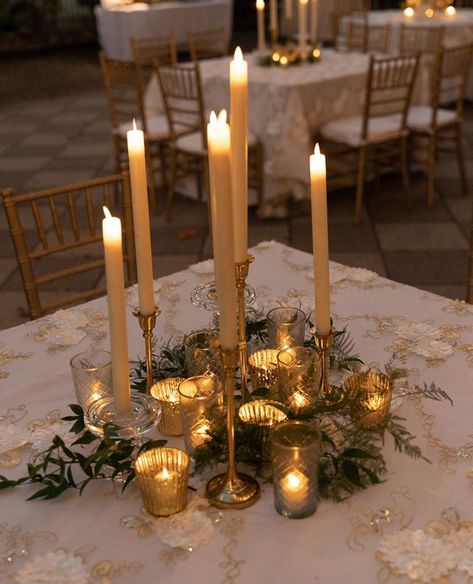 Led Candle Sticks, Vintage Candlestick Centerpieces Wedding, Only Candles Centerpiece, Votive Candle Tablescape, Wedding Table Centerpieces Candlesticks, Stick Candle Centerpieces, Vintage Candle Centerpieces Wedding, Simple Green Table Centerpieces, Thrifted Candle Holders Wedding