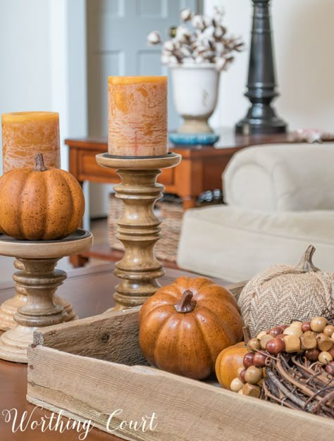 Fall Pedestal Decor, Side Table Fall Decor Living Room, Living Room Fall Decor Coffee Tables, Fall Coffee Table Decor Decorative Trays, Pumpkins On Candlesticks, Fall Candlestick Decor, Fall Wood Tray Centerpiece, Pumpkins On Candlestick Holders, Fall Coffee Table Decor Vintage