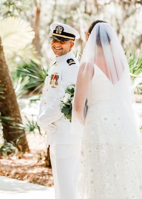 That First Look feeling! Coastal Wedding Invites, Blue wedding Invitations, wedding Details, Navy Wedding, Navy groom, Military wedding, Military Navy Wedding, Coastal decor wedding, Military Officer wedding, First look, Palm landscaping, Spanish moss, canopy trees, outdoor wedding venue, bride and groom, sneak peaks Military Wedding Navy, Navy Couple Pictures, Navy Sailor Wedding, Navy Officer Wedding, Navy Military Wedding, Navy Military Weddings, Palm Landscaping, Officer Wedding, Navy Couple