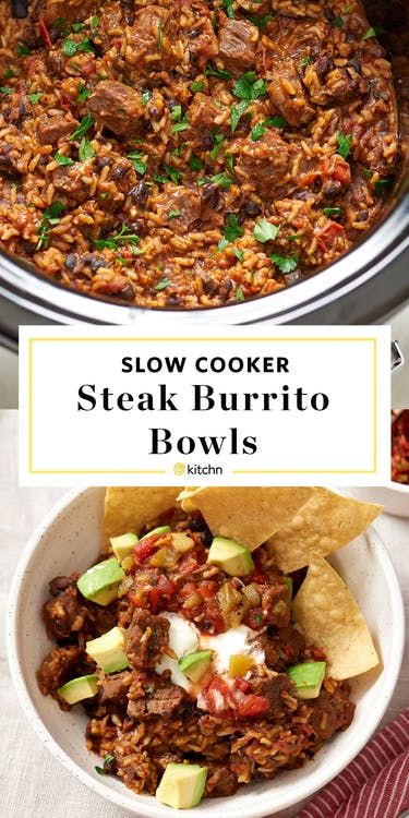 Set-and-forget your way to a delicious dinner. Food Truck Ideas Recipes, Steak Burrito Bowl Recipe, Slow Cooker Burrito, Food Truck Ideas, Steak Burrito, Slow Cooker Steak, Crockpot Steak, Steak And Rice, Breakfast Bowls Recipe