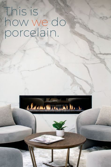 Image is a Moderno Porcelain Works fabricated and installed fireplace surround. Porcelain Fireplace, Tiled Fireplace Wall, Fireplace Feature Wall, Fireplace Facing, Tiles Living Room, Porcelain Slab, Fireplace Tile Surround, Linear Fireplace, Herringbone Tile