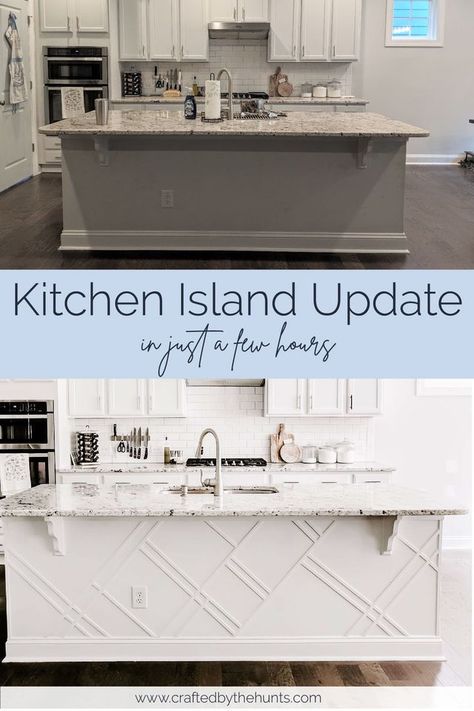 How to Upgrade a Builder Grade Kitchen Island Shaker Kitchen Island Ideas, Trimmed Out Kitchen Island, Kitchen Island Update, Kitchen Renovation Diy Ideas, Diy Kitchen Makeover Ideas, Island Makeover, Diy Kitchen Makeover, Kitchen Island Makeover, Builder Grade Kitchen