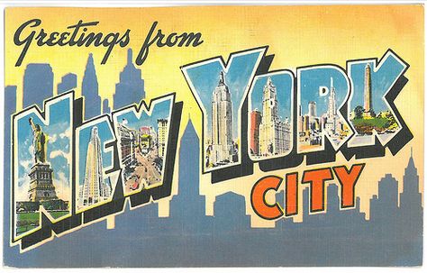 Vintage Travel Postcards greetings from | Greetings from NYC - vintage postcard Postcard Font, New York Postcard, City Postcard, New York Poster, Travel Postcard, Scene Art, Vintage New York, Manhattan New York, New York New York