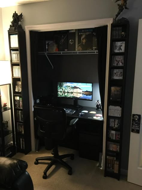 Gamer Closet Ideas, Closet Gaming Room, Closet Pc Setup, Computer Closet Ideas, Gaming Setup In Closet, Gaming Desk In Closet, Gaming Closet Ideas, Gamer Closet, Closet Game Room Ideas