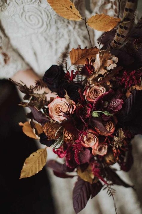 Organic Autumn wedding bouquet with dark pinks and red flowers and Autumn leaves. Images by Pawel Bebenca. Styling and concept by Petal & Twine. Autumn Wedding Bouquet, Holding A Bouquet Of Flowers, Church Wedding Flowers, Low Cost Wedding, Colors Wedding, A Bouquet Of Flowers, Dark Autumn, Moody Wedding, Fall Wedding Bouquets