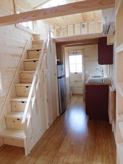 Tiny House Retirement. School teacher downsizes and finds happiness in Tiny House on a farm Tiny House Company, Tiny House Stairs, Diy Tiny House, Shed To Tiny House, Shed House, Tiny House Interior Design, Tiny House Loft, Tiny House Trailer, Building A Tiny House