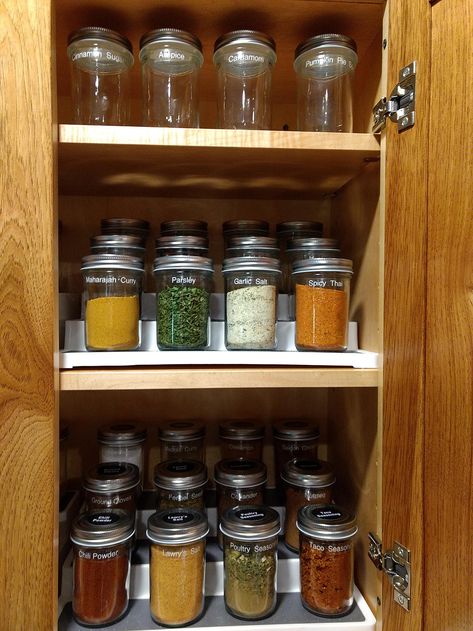 Mason Jar Seasoning Storage, Label Spice Jars, Labeled Spice Jars, Mason Jar Spice Shelf, Square Spice Jars, Spice Cupboard, Glass Spice Jars With Wooden Lids, Cooking Station, Tea Cabinet