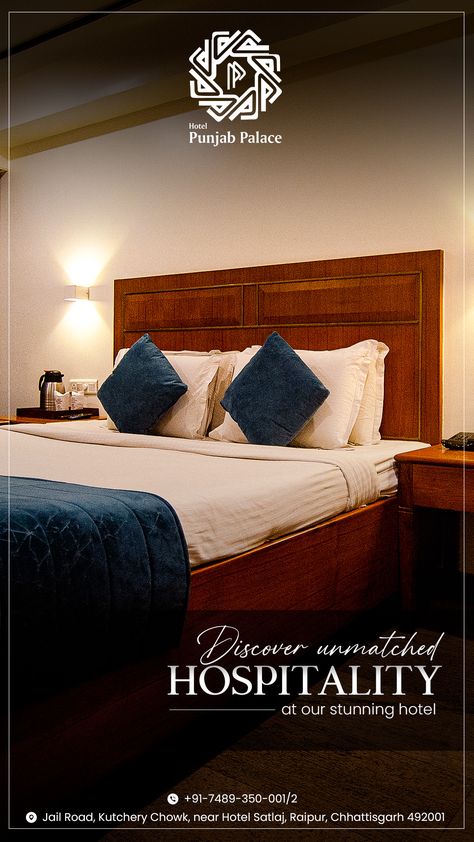 Ready for a luxurious escape? Experience pure comfort and elegance in our hotel's room. Book now and treat yourself to a memorable stay! 🌟🛏️ #LuxuryTravel #BookYourStay Reach to us : 📞 : +91-7489-350-001/2 🌐 : punjab.org.in 📍 : Jail Road, Raipur, Chhattisgarh, 492001 #punjabpalace #thepunjabpalace #thepunjabpalacehotel #raipurhotel #LuxuryMeetsBeauty #HotelElegance #BookNow #SophisticatedRetreat #ExquisiteRooms #CulinaryDelights #HavenOfElegance #LuxuriousRooms #DelectableDining Hotel Room Poster Design, Hotel Post Design, Hotel Content Ideas, Hotel Instagram Post, Hotel Creative Ads, Hotel Social Media Post, Hotel Poster Design, Hospitality Design Hotel, Hotel Marketing Design