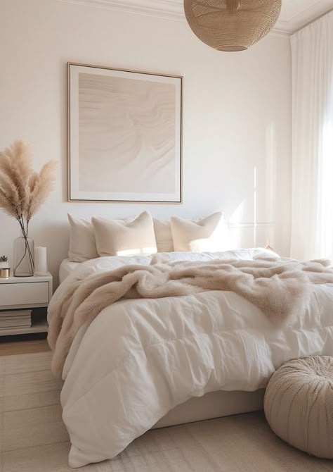 Neutral Apartment Decor Bedroom Ideas, Neutral Bedroom Aesthetic Modern, Tiny Nyc Apartment Bedroom, Bedroom Tips For Women, Clean Bedroom Decor, No Frame Bed, Clean Girl Bedroom Aesthetic, White And Neutral Bedroom, Light Beige Bedroom