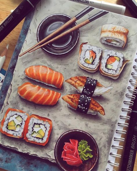 Sketchbook Saturday: Food 2 – Canadian Art Junkie Sushi Drawing, Drink Doodles, Chibi Food, Foodie Art, Food Sketch, Sushi Art, Food Illustration Art, Watercolor Food, Cute Food Drawings