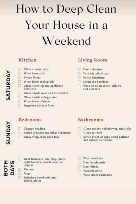 ✨ How to Deep Clean Your House This Weekend ✨ Get your home spotless with this step-by-step guide. From decluttering to scrubbing every corner, transform your space into a clean and organized sanctuary. 🧹✨ #DeepClean #WeekendCleaning #CleanHome #HomeOrganization Deep Clean New House Checklist, How To Clean An Overwhelming House, Deep Cleaning House In One Week, Cleaning Schedule Deep Clean, Deep Clean Weekend, How To Maintain Clean House, How To Clean Everything In Your House, Deep Home Cleaning, Deep Clean Before Moving In