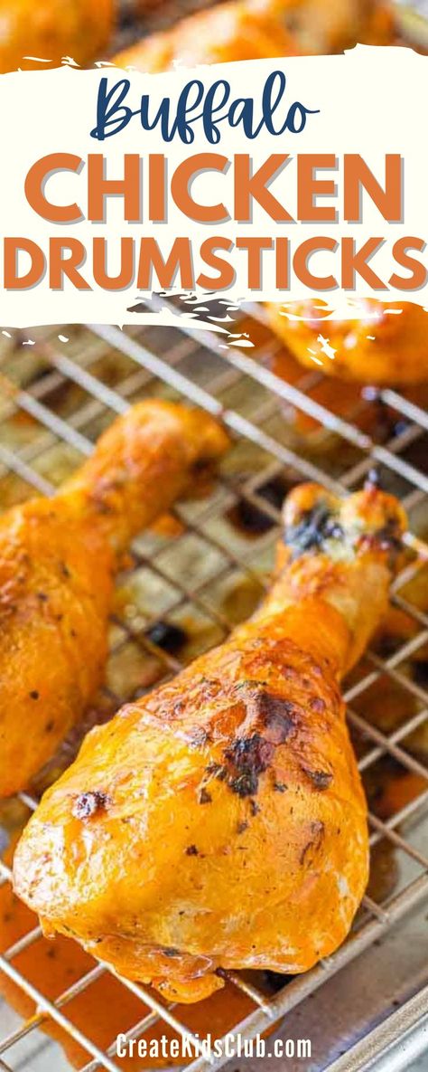 If your family likes wings, they will love Buffalo chicken drumsticks! Buffalo drumsticks are seasoned, baked, coated in your favorite buffalo sauce, then broiled to perfection! Serve as an appetizer or as a main entree. Buffalo Chicken Drumsticks Crockpot, Baked Buffalo Chicken Legs In The Oven, Sauce For Chicken Drumsticks, Buffalo Drumsticks Oven, Buffalo Chicken Drumsticks Baked, Buffalo Chicken Legs In The Oven, Chicken Drumstick Crockpot Recipes, Ranch Chicken Drumsticks, Buffalo Chicken Legs