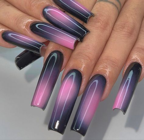 Black Pink Nails, Black And Pink Nails, Airbrush Nails, Classy Acrylic Nails, Long Acrylic Nails Coffin, Nails Only, Long Square Acrylic Nails, Unique Acrylic Nails, Bling Acrylic Nails