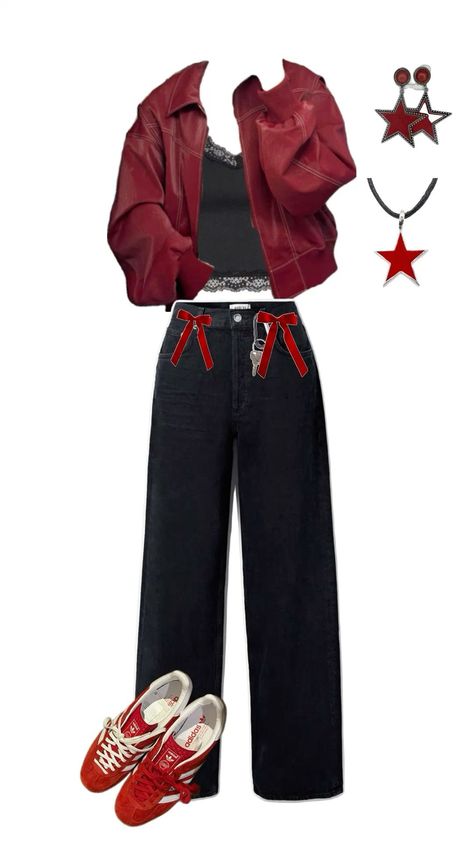 Black And Red Fashion Aesthetic, Valentines Concert Outfit, Tøp Concert Outfit, Red Tomboy Outfits, Cherry Grunge Outfit, Red And Black Concert Outfit Ideas, Red Cyberpunk Outfit, Red Black Outfit Ideas, Red Top Black Pants Outfit