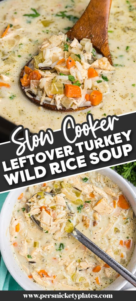 Use up your leftover Thanksgiving turkey in this creamy wild rice soup recipe, all done in the slow cooker as a dump-and-set recipe. It's easy to make, super flavorful, and the kind of cozy, nutritious, and light meal you need after the holidays! Turkey And Wild Rice Soup Crockpot, Crockpot Turkey Recipes Leftovers, Cream Of Turkey And Wild Rice Soup, Creamy Turkey And Rice Soup, Creamy Turkey Rice Soup, Turkey And Rice Soup Recipes, Turkey Wild Rice Soup Crockpot, Turkey Rice Soup Recipes, Leftover Wild Rice