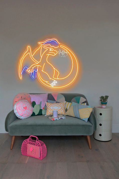 Charizard Bedroom, Subtle Pokemon Decor, Pokemon Living Room, Charizard Party Decorations, Pokémon Game Room, Pokemon Neon Sign, Pokémon Theme Room, Pokemon Gaming Room, Kids Pokemon Bedroom