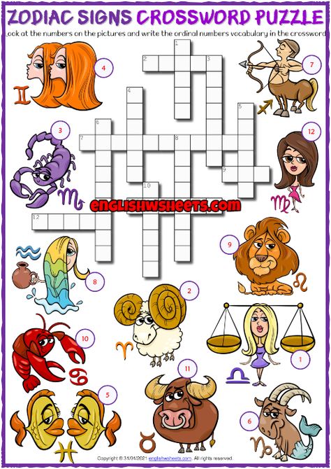 Printable Crossword Puzzles, Puzzle Worksheet, The Zodiac Signs, Vocabulary Worksheets, Earth Signs, Crossword Puzzle, The Numbers, To Study, Clue