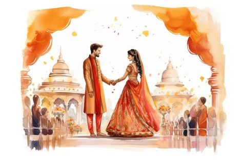 Wedding adult bride togetherness. AI generated Image by rawpixel. | free image by rawpixel.com / charlie Watercolor Indian, Wedding Water, Wedding Caricature, Wedding Collage, Indian Marriage, Wedding Indian, Wedding Illustration, Hindu Wedding, Watercolor Wedding