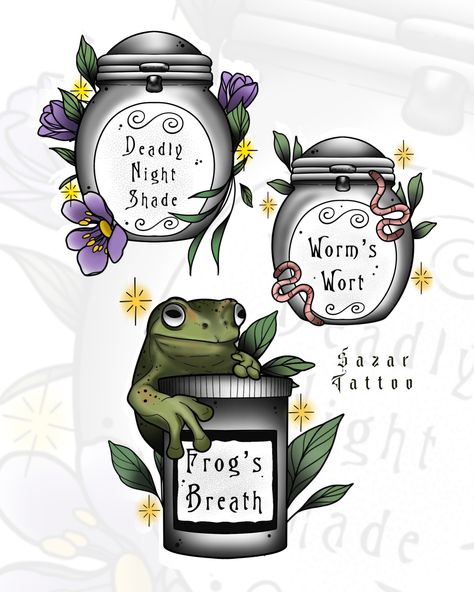 New Sally-inspired herb collection tattoos, just in time for spooky season! 🌿✨ • 🪱 Worm’s Wort: £180 • 💀 Deadly Night Shade: £280 • 🐸 Frog’s Breath: £280 -10 to 18 cm approx Limited availability for October 30th and 31st! 📅 DM to book your spot! Taking deposits for November and December too✨ Deadly Night Shade Tattoo, Herb Collection, Herb Tattoo, Flash Tats, Tattoo Shading, Bottle Tattoo, Colouring Book, Tattoo Idea, Just In Time