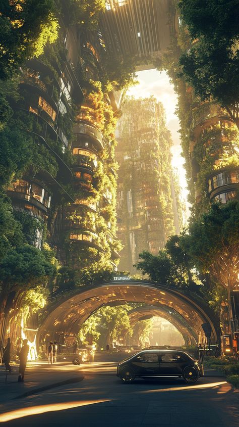 🌆 Welcome to a Futuristic Eco-City, where lush vertical gardens adorn eco-friendly skyscrapers and autonomous electric vehicles glide through tree-lined pathways. In this vibrant scene, stylish individuals engage in discussions, showcasing a sustainable future enriched with smart technology. The golden hour casts a warm glow on the innovative architecture, creating an immersive atmosphere.   #FuturisticCity #VerticalGardens #SmartTechnology #midjourney Futuristic Plant City, Futuristic Nature City, Future Technology Aesthetic, Futuristic Technology Aesthetic, Futuristic City Aesthetic, Eco City Concept, Futuristic Forest, Utopia Aesthetic, Solarpunk City