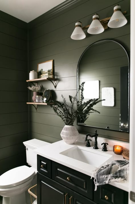 Bm Dark Olive, Clawfoot Tub Ideas, Above Mirror Bathroom Lighting, Small Dark Bathroom, Vanity Hardware, Above Toilet, Dark Green Bathrooms, Clawfoot Tubs, Shelves Above Toilet