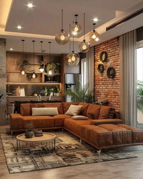 Tan Walls Living Room Decor, Brick Living Room, Modern Cozy Living Room, Living Room Partition Design, Partition Design, Living Room Decor Cozy, Home Design Living Room, Room Partition, Apartment Decor Inspiration