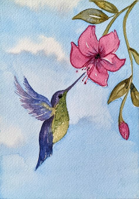 "Hummingbird and pink flower 5\"x7\" Watercolor print unframed Perfect for boys or girls bedroom!  Printed on a matte cardstock. Great for writing personalized message. (NOT included in price) Give for birthday or any occasion. Perfect \"card\" you can write on front and back AND they can frame! Each print arrives in clear plastic sleeve and mailed in rigid envelope.  All prints are borderless and signed by artist.  Colors may vary due to monitor settings." Pointed Pen Calligraphy, Watercolor Hummingbird, Hummingbird Painting, Watercolor Birds, Easy Canvas Art, Flower Watercolor, Watercolor Ideas, Butterfly Painting, Pointed Pen