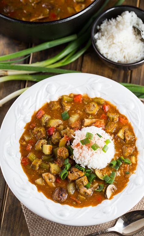 Vegetarian Gumbo made with a rich, dark roux and red beans, okra, bell peppers, and mushrooms. Veggie Gumbo, Vegetarian Gumbo, Dark Roux, Spicy Southern Kitchen, Creole Mustard, Southern Kitchen, Gumbo Recipe, Anchovies, Red Beans