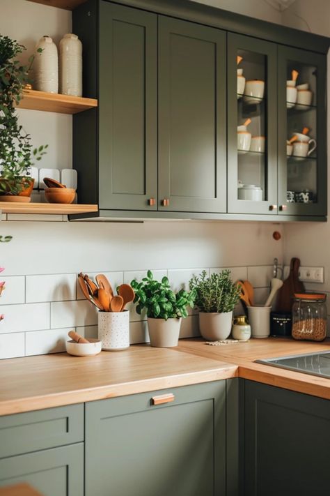 Explore beautiful gray kitchen cabinet colors that enhance your kitchen. This pin shows stunning wall color ideas perfect for any style, featuring a selection of modern shades to inspire your next home decor project. Grey Floor Green Cabinets, Kitchen Cabinets With Green Walls, Painted Shaker Cabinets, Basil Kitchen Cabinets, Kitchen With Sage Green Cabinets, Mushroom Color Kitchen, Kitchen Colors Schemes Paint, Kemper Cabinets Kitchens, Bold Kitchen Cabinet Colors