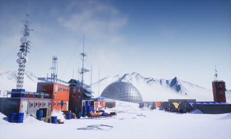 ArtStation - Antarctic Base, Harry Masmanidis Arctic Base Concept Art, Antarctic Aesthetic, Arctic Research Station, Arctic Cabin, Winter Environment, Mcmurdo Station, Scifi Building, Final Major Project, Sci Fi Architecture