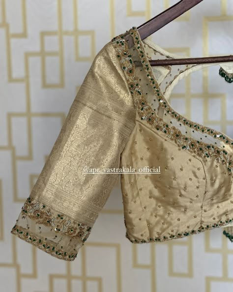 APR Vastrakala | The Gold Tissue with hand embroidered border, intricately woven with Zari and Zardosi,extends to a graceful pallu, creating a visual... | Instagram Apr Vastrakala, Golden Blouse Design, Gold Blouse Designs, Brocade Blouse Designs, Bridal Blouses, Pattu Saree Blouse Designs, New Saree Blouse Designs, Latest Model Blouse Designs, Aari Blouse