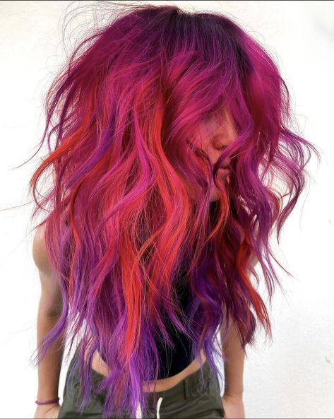 Creative Colour Hair Ideas, Vivid Hair Balayage, Fiery Hair Color, Fun Vibrant Hair Colors, Fun Bright Hair Color Ideas, Fun Vivid Hair Colors, Multi Red Hair Color Combos, Vivid Hair Color Balayage, Vivid Hair Color Shag