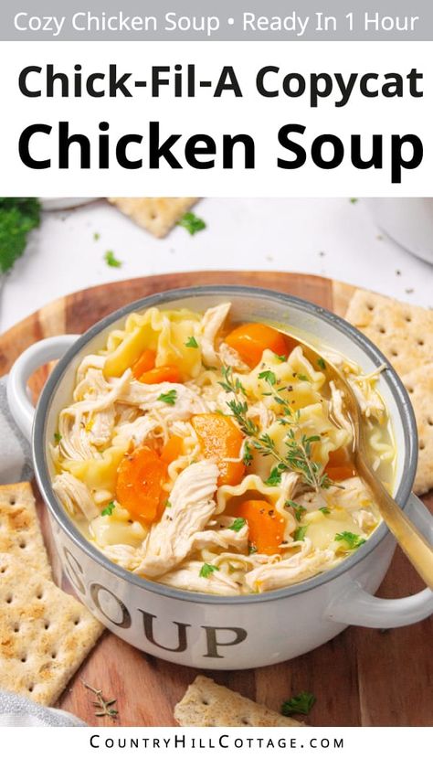 This Chick Fil A chicken noodle soup recipe is a hearty one-pot dish ready in under 1 hour. It’s the best meal when you crave easy comfort food, want to warm up on a chilly day, or feel under the weather. It’s packed with tender chicken, nutritious veggies, and flavorful broth. This copycat Chick Fil A chicken soup is comfort food at its best and ready in under an hour. When you want a cozy meal, you can’t go wrong with a steaming bowl of homemade chicken noodle soup. | CountryHillCottage.com Chick Fil A Chicken Soup Recipe, Chicken Noodle Soup Recipe, Noodles Soup, Noodle Soup Recipe, Chicken Noodles, Homemade Soup Recipe, Copykat Recipes, Chicken Noodle Soup Homemade, Delicious Soup Recipes