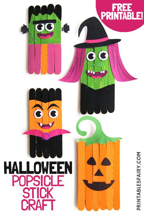 These Popsicle Stick Halloween Crafts are the perfect kid craft to entertain your kids on Halloween. A fun kindergarten Halloween craft. Popsicle Stick Monsters, Halloween Crafts With Popsicle Sticks, Clothes Pin Halloween Crafts, Popsicle Halloween Crafts, Popsicle Stick Crafts Halloween, Crafts To Do With Popsicle Sticks, Popsicle Stick Halloween Crafts, Craft Stick Crafts Diy Projects, Popstick Craft Diy