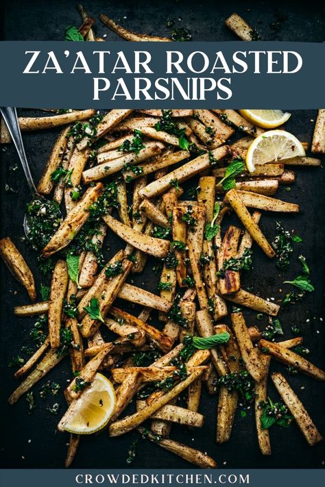 These roasted parsnips with za'atar and a bright parsley and sesame seed gremolata are the perfect side dish. Easy to make, packed with flavor and a great way to use an underrated root vegetable! Roasted Vegetables Seasoning, Middle Eastern Vegan, Parsley Root, Side Dish Easy, Parsnip Fries, Crowded Kitchen, Roasted Parsnips, Jewish Cuisine, Grilled Tofu