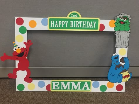 Large Sesame Street photo booth frame Photo Booth Frame Diy, Street Party Decorations, Sesame Street Centerpiece, Elmo Birthday Party Boy, Elmo First Birthday, Party Photo Frame, Frozen Party Decorations, Elmo Birthday Party, Street Pictures