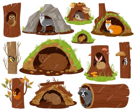 Forest Animals Illustration, Animals And Their Homes, Cartoon Forest, Animals That Hibernate, Owl Bear, Wood Animal, Animal Activities, Cute House, Animal Clipart