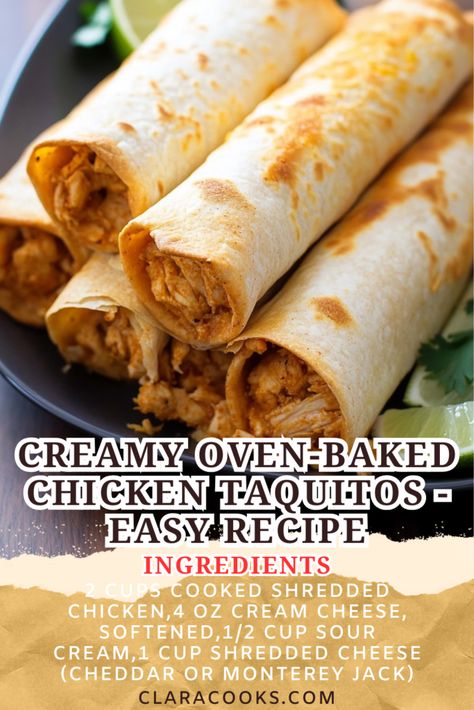 Creamy Oven-Baked Chicken Taquitos - Easy Recipe Chicken Tinga Taquitos, Authentic Taquitos Chicken, Chicken Bacon Taquitos, Chicken Taquitos Recipe Baked, Freezable Taquitos, Gluten Free Chicken Taquitos, Taquitos Oven Baked, Easy Chicken Taquitos Baked, Chicken Taquitos Recipe Easy