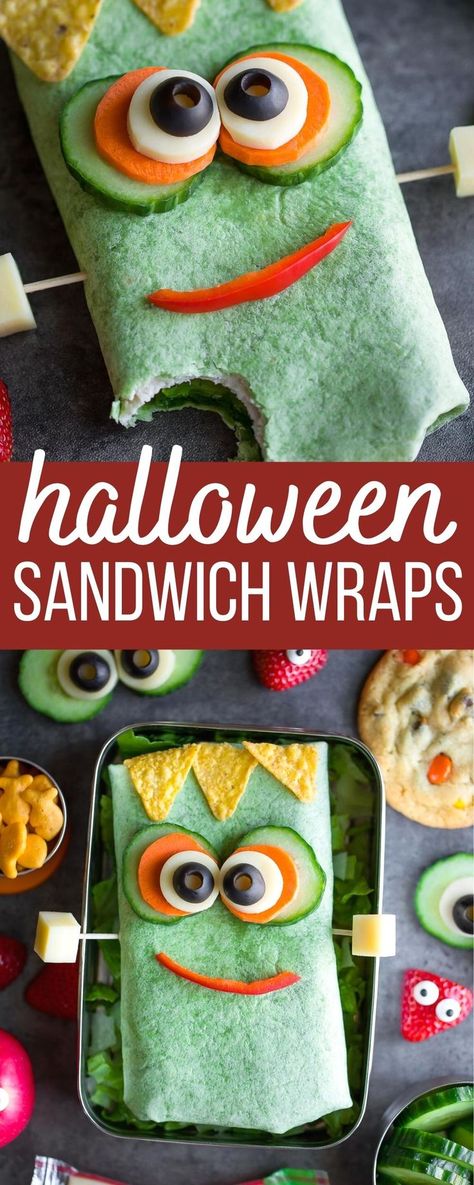 halloween sandwich wraps decorated like Frankenstein's monster Halloween Inspired Lunch For Kids, Halloween Wraps Food, Halloween Packed Lunch Ideas, Halloween Themed School Lunches, Healthy Halloween Food Dinner, Halloween Lunch Snacks, Halloween Recipes Lunch, Frankenstein Food Ideas, Halloween Food For Dinner