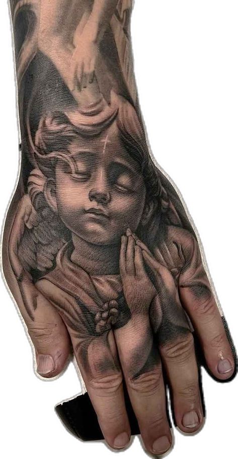 Cherub Tattoo, Spiritual Reflection, Meaningful Tattoo, Praying Hands, White Cross, Hand Tattoo, Baby Angel, Hand Tattoos, Tattoo Design