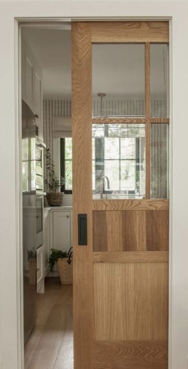 Pantry Pocket Door, White Cottage Kitchens, Flat Front Cabinets, White Kitchen Pantry, Pantry Door Ideas, Dining Room Built In, Off White Cabinets, Glass Pocket Doors, Light Gray Cabinets