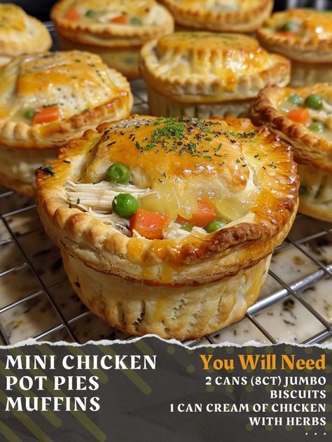 Chicken Pot Pie Muffins, Pot Pie Muffins, Muffins Savory, Chicken With Herbs, Mini Pot Pies, Pie Muffins, Chicken Pot Pies, Mini Chicken Pot Pies, Savoury Biscuits