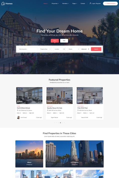 Homeo is a dynamic and feature-rich Real Estate WordPress Theme designed to showcase properties in a visually stunning and effective way. With its customizable homepage layout and multiple property listing options, it provides a unique and dynamic browsing experience for potential buyers. The theme is fully customizable, allowing you to add your own branding and style to the website. It comes with several features such as property listings, customizable search options, and a mortgage calculator. Property Website Design Real Estates, Property Management Website Design, Real Estate Website Design Inspiration, Property Website Design, Real Estate Agent Website Design, Real Estate Agent Website, Real Estate Website Design, Luxury Website, Business Web Design