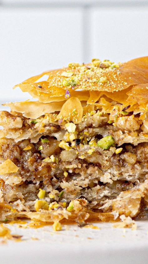 Baklava is a crispy, flaky, buttery, syrupy, nutty dessert that is super addictive but in the best way possible! Baklava Recipe, Pastry Sheets, Christmas Party Food, Turkish Recipes, Baklava, Tray Bakes, A Food, Baked Dishes, Food Processor Recipes