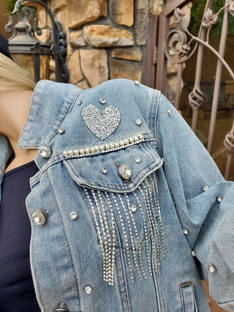 Denim Diamonds Theme Outfit, Bedazzled Jean Jacket, Bling Jean Jacket, Denim And Diamonds Party Outfit, Concert Jacket, Rhinestone Denim Jacket, Jean Jacket Diy, Bling Jacket, Bedazzled Jeans