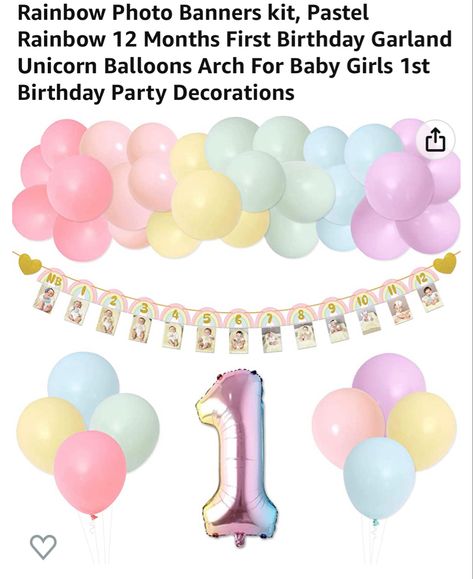 Rainbow First Birthday Party Girl, Pastel First Birthday Party, Pastel Birthday Decor, Pastel Banner, Baby Girls 1st Birthday, Unicorn Balloons, Rainbow Balloon Arch, Rainbow Themed Birthday Party, Balloons Arch