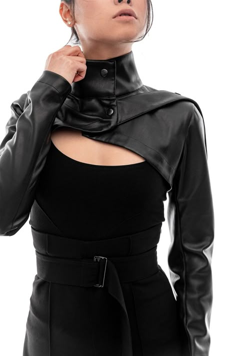 Elevate any outfit with a hint of daring. This black bolero shrug leather jacket for women adds a touch of intrigue to your look. #WomensFashion #BlackLeatherJacket #EdgyElegance #springoutfit Leather Bolero, Urban People, Bolero Shrug, Shrugs And Boleros, Cyberpunk Fashion, Vegan Leather Jacket, Bolero Jacket, Clothing Details, Jacket For Women