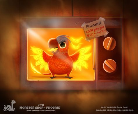 ArtStation - Daily Painting 1741# Monster Shop - Phoenix, Piper Thibodeau Piper Thibodeau, Corn Snake, Animal Food, Animal Puns, Animated Animals, Cute Food Drawings, Cute Fantasy Creatures, Cute Animal Drawings Kawaii, Creature Drawings