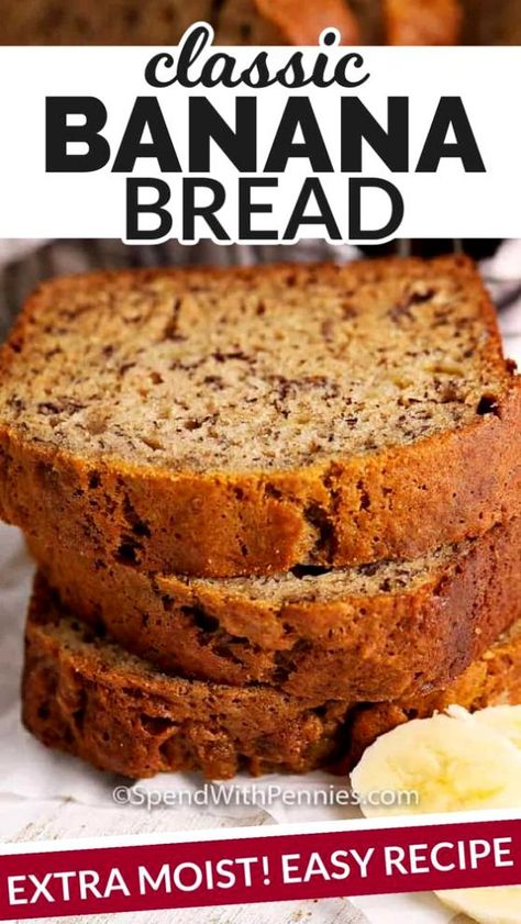 This homemade banana bread recipe is a classic! It's so easy to make and results in the perfect slightly sweet bread with lots of flavor. Banana Bread 5 Bananas, Banana Bread Recipe With Oatmeal, Banana Bread Recipe No Sour Cream, Banana Bread Ideas, Banana Bread Recipe Easy Moist Muffins, Banana Bread Using Self Rising Flour, Easiest Banana Bread, Banana Bread Recipe With Mayonnaise, 3 Ingredients Banana Bread